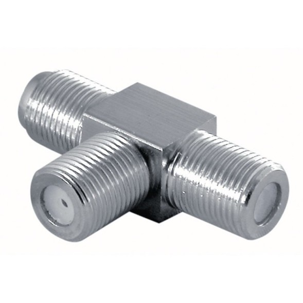 Conector en T triple F, de 7mm para cable RG59, coaxial. Metálico