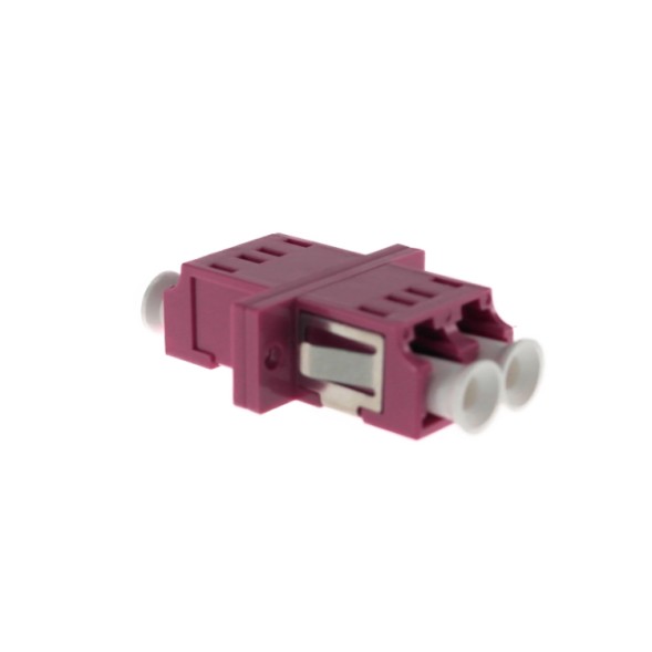Adaptador LC/PC, multimodo, dúplex, fijaciones con asas, bloqueo mediante 2 pestañas, violeta