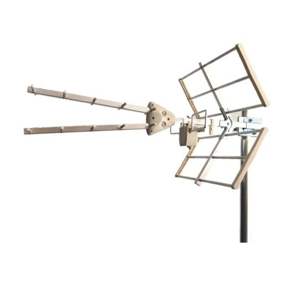 Antena UHF doble, canales 21/48, 13.5dBbi, blanca, 12 elementos. Fácil montaje.