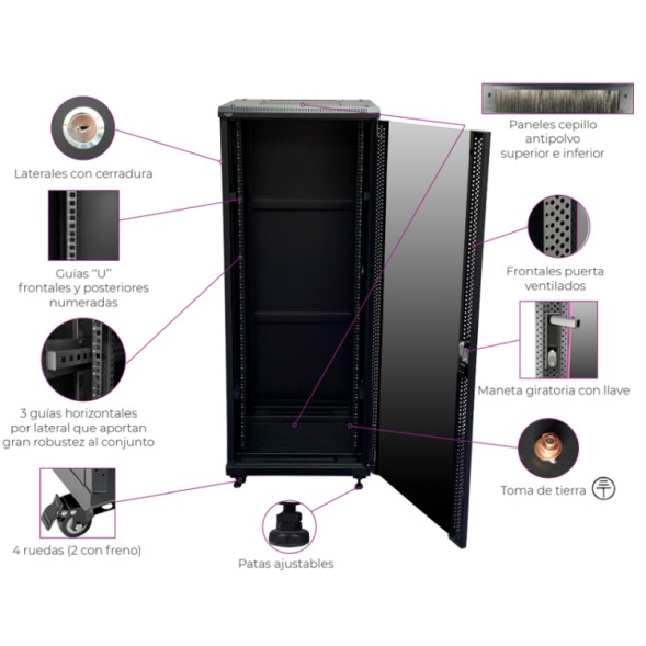Rack de suelo 19", 42U, F1000 / AN800 / AL2055mm, carga 800Kg. Sin Accesorios. Desmontado