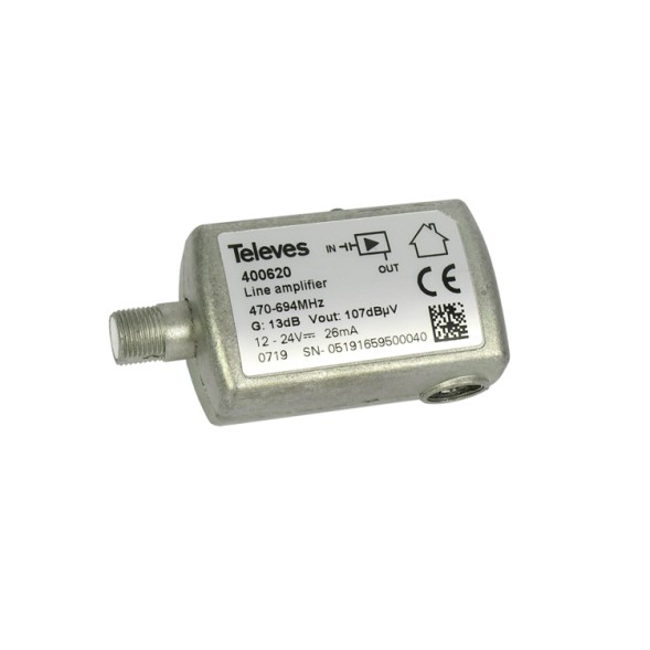 Amplificador de línea UHF para TDT, 1E-1S con conector F. 470...694MHz G 13dB Vs 98dBμV