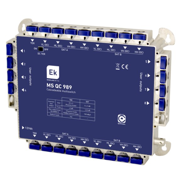 Multiswitch de 9x8, EKSELANS MS QC 989 - 9 entradas, 8 SAT + 1 TER, 8 salidas, QuiCoax, LTE  .