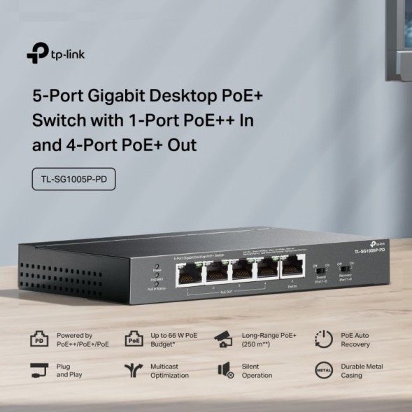 Switch sobremesa PoE TP-Link TL-SG1005P-PD - 4 PoE+ out, 1 PoE++ in, 66 W, extend mode. Sin fuente
