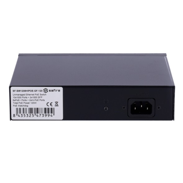Switch de 8 puertos Gigabit POE 120W, x2 UPLINK Gigabit, x2 SFP. Sobremesa