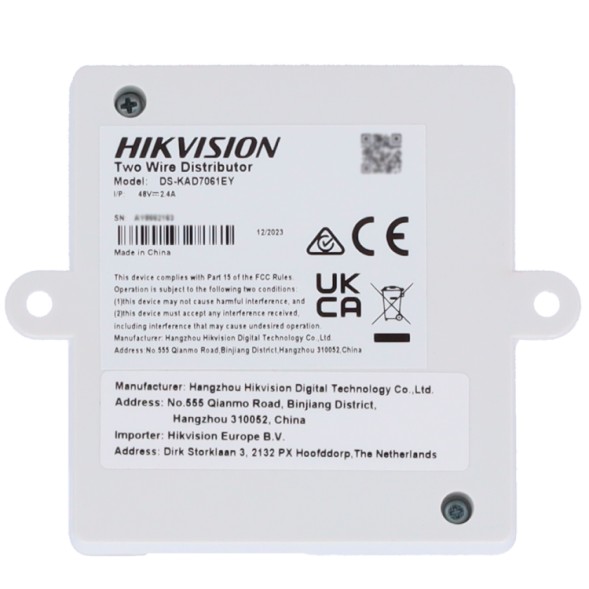 Distribuidor de planta 2 hilos Hikvision. 2in/out para cascada. 4 salidas para monitores