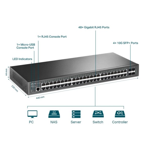 Switch Gestionable OMADA de 48 puertos Gb, x4 puertos SFP+, L2+ ,para rack 19"