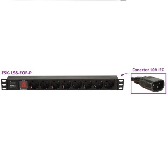 Regleta para Racks de 19", 16A, x8 Schuko + interruptor, en aluminio. Cable IEC Macho