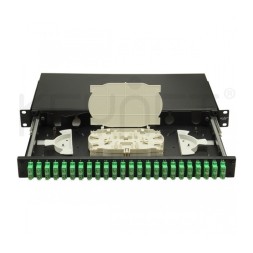 Bandeja de distribución de F.O. 19", 24 SC/APC Duplex + 2 bandejas 12 fusiones y accesorios.