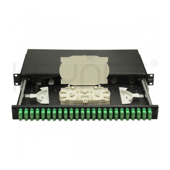 Bandeja de distribución de F.O. 19", 24 SC/APC Duplex + 2 bandejas 12 fusiones y accesorios.