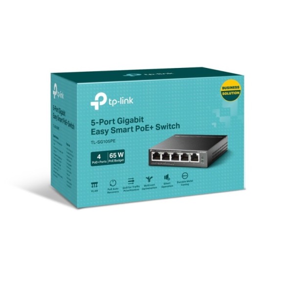 Switch Easy Samrt de 5 puertos Gigabit con 4 puertos PoE+, 65W. Carcasa metal. Sobremesa