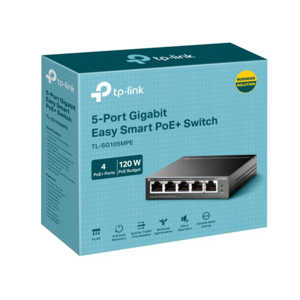 Switch Easy Samrt de 5 puertos Gigabit con 4 puertos PoE+, 120W. Carcasa metal. Sobremesa