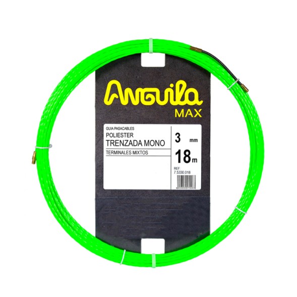 Guía pasa cables de poliéster. Triple trenzado. 3mm, 18mts. Terminales fijos con lazo. Color verde.