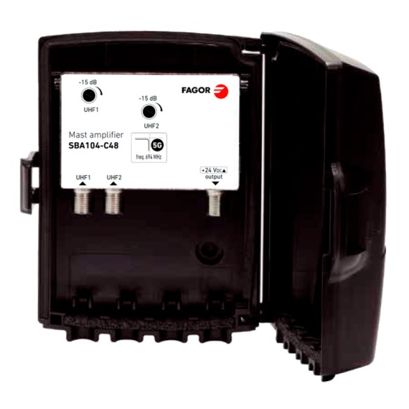 Amplificador de mástil SBA-104-C48, 2 Entradas. 2x UHF, 36dB, 105dBuV