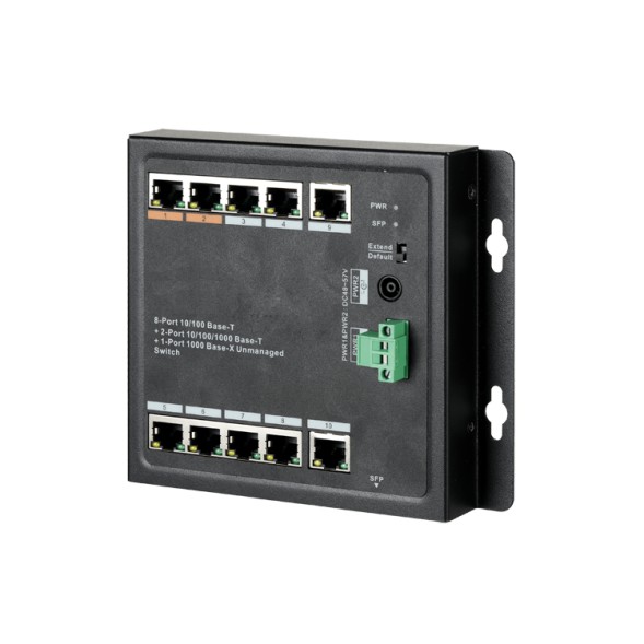 Switch de 8 puertos 10/100/1000 POE 96W + x2 UPLINK 10/100 + x1 SFP, para montaje en pared. Hasta 250 metros