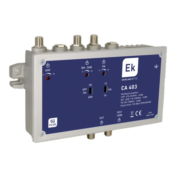 Central amplificadora Ekselans CA 403 - FM/BIII-DAB/UHF, 45 dB UHF, salida 120 dBµV
