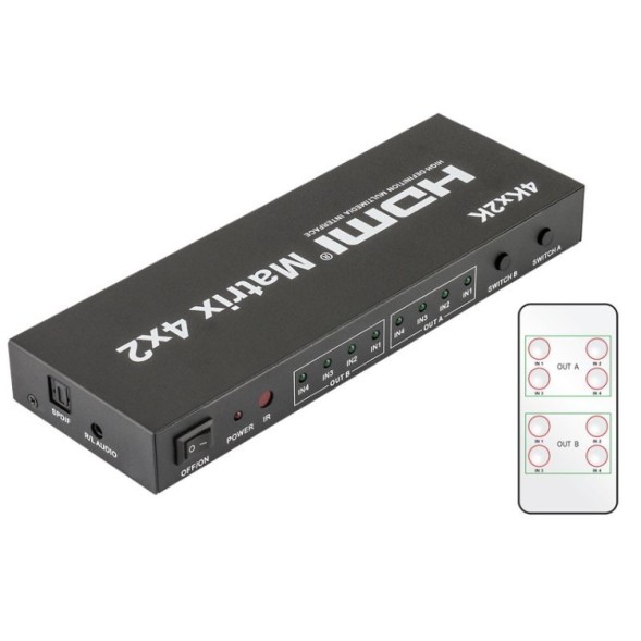 HDMI комутатор-матриця: 4 входи, 2 виходи. З пультом дистанційного керування.