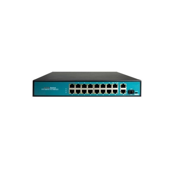 Switch de 16 puertos 10/100 POE, 300W, x2 puertos Gigabit, x1 SFP. Sobremesa